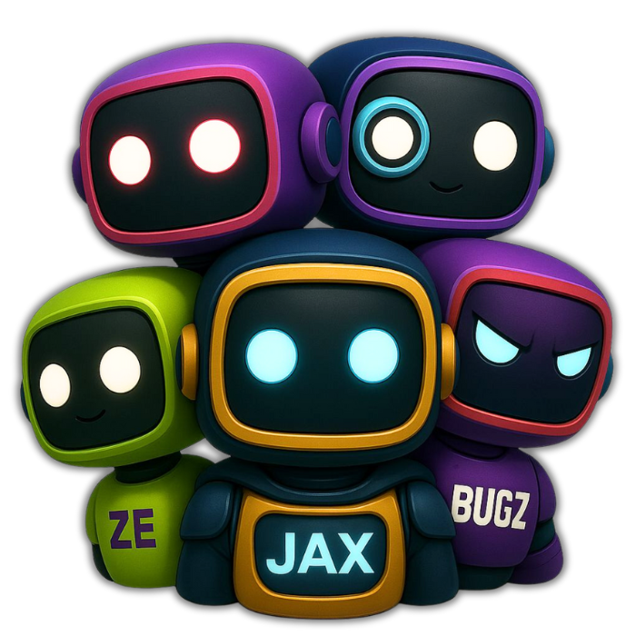 HyperPods - Equipo de agentes de IA: MAX, TESS, JAX, LEX y BUGZ trabajando en conjunto